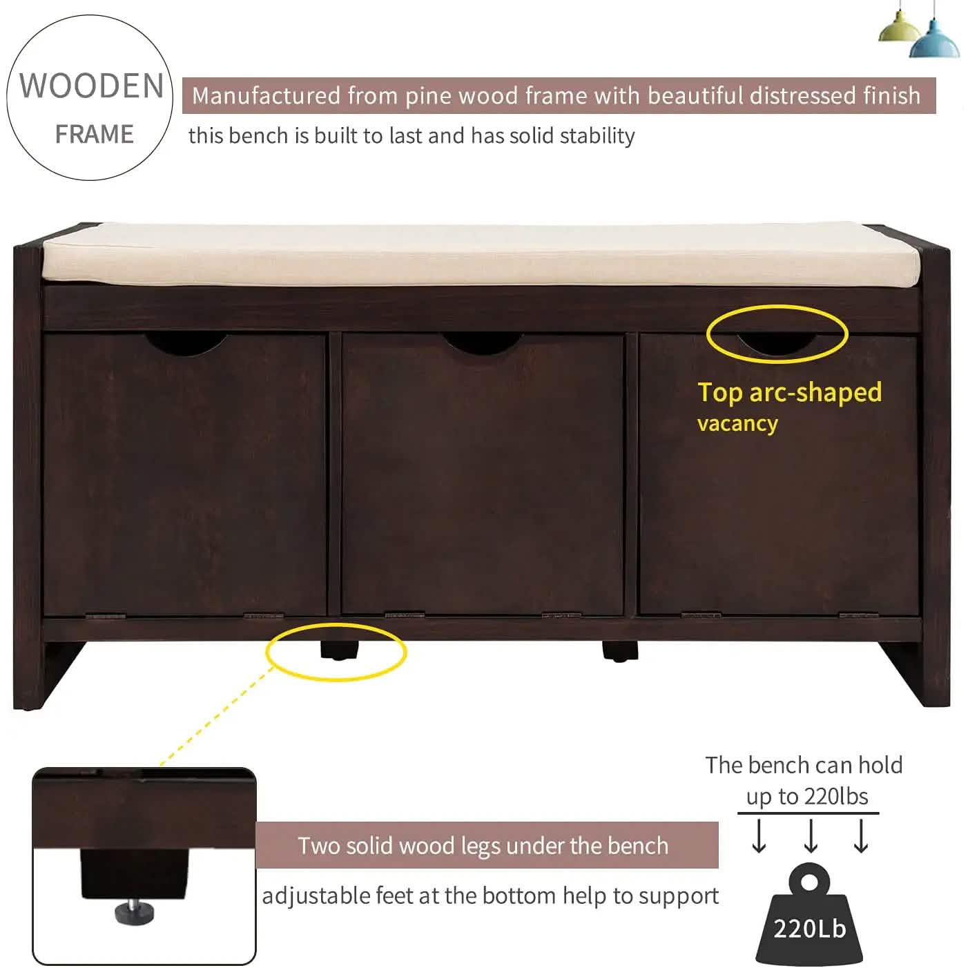 Storage Bench with Removable Cushion and 3 Flip Lock Storage Cubbies DailySale