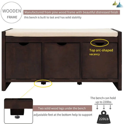 Storage Bench with Removable Cushion and 3 Flip Lock Storage Cubbies DailySale