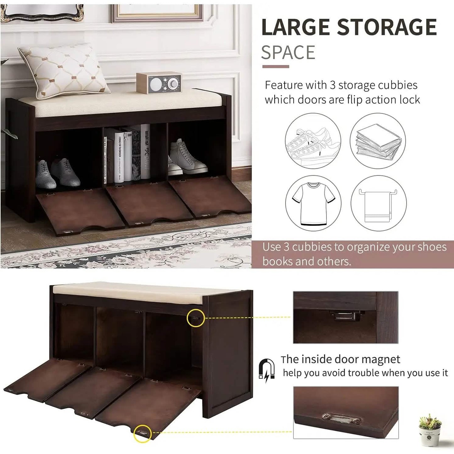 Storage Bench with Removable Cushion and 3 Flip Lock Storage Cubbies DailySale