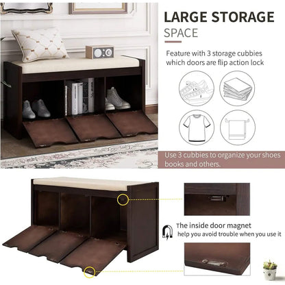 Storage Bench with Removable Cushion and 3 Flip Lock Storage Cubbies DailySale
