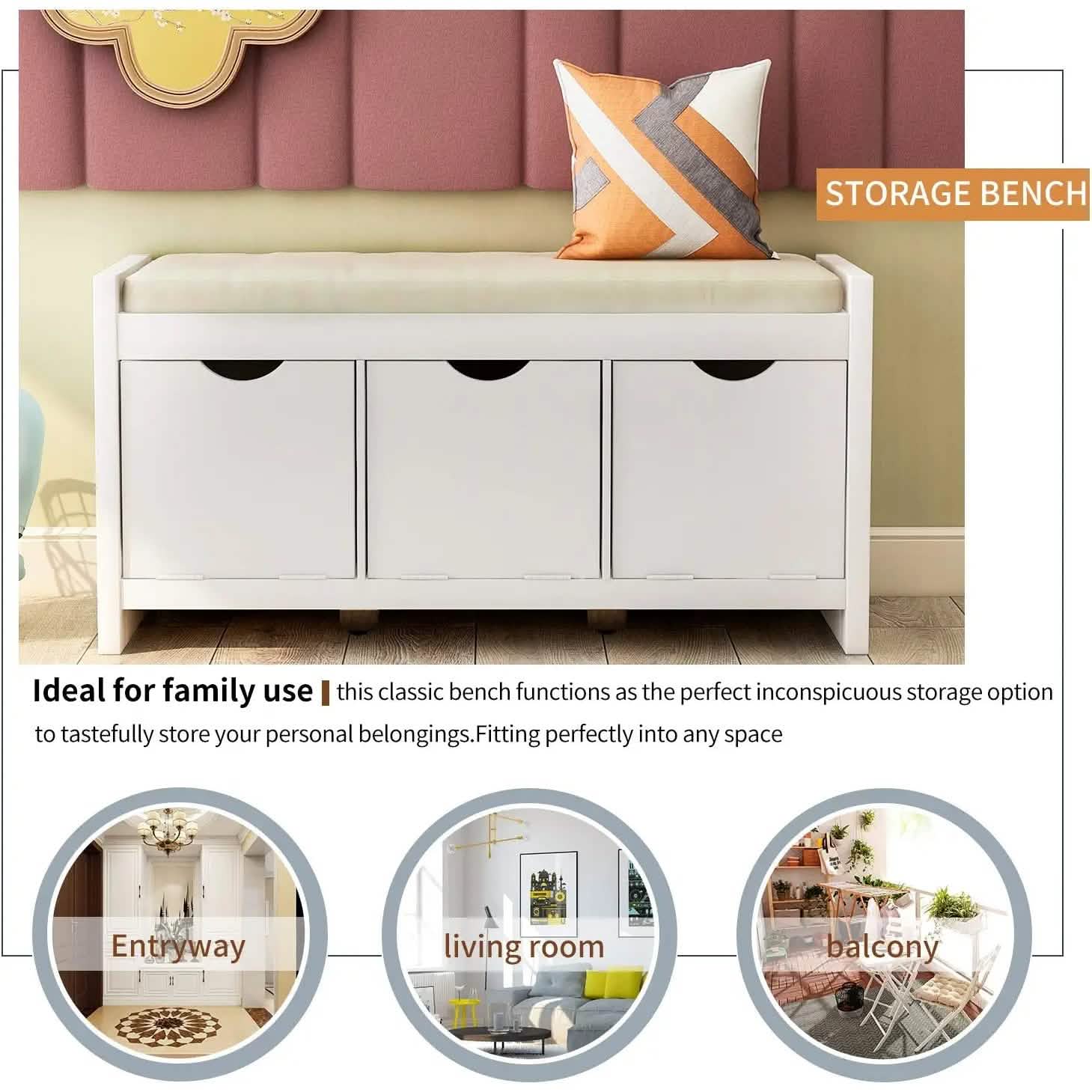 Storage Bench with Removable Cushion and 3 Flip Lock Storage Cubbies DailySale