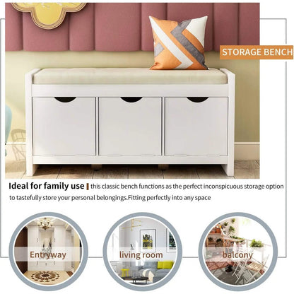 Storage Bench with Removable Cushion and 3 Flip Lock Storage Cubbies DailySale