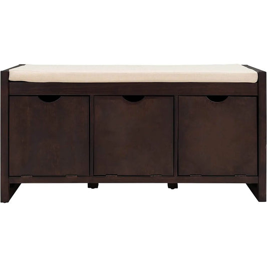 Storage Bench with Removable Cushion and 3 Flip Lock Storage Cubbies DailySale