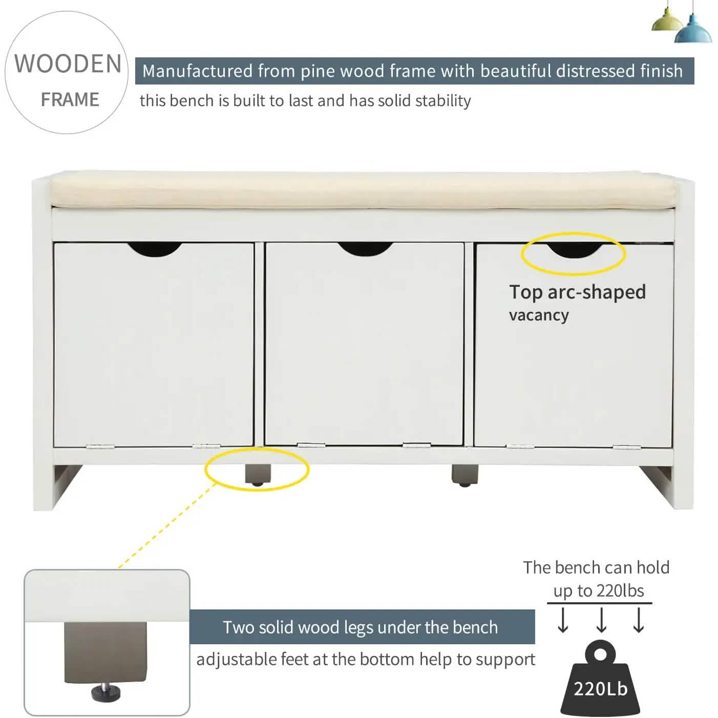 Storage Bench with Removable Cushion and 3 Flip Lock Storage Cubbies DailySale