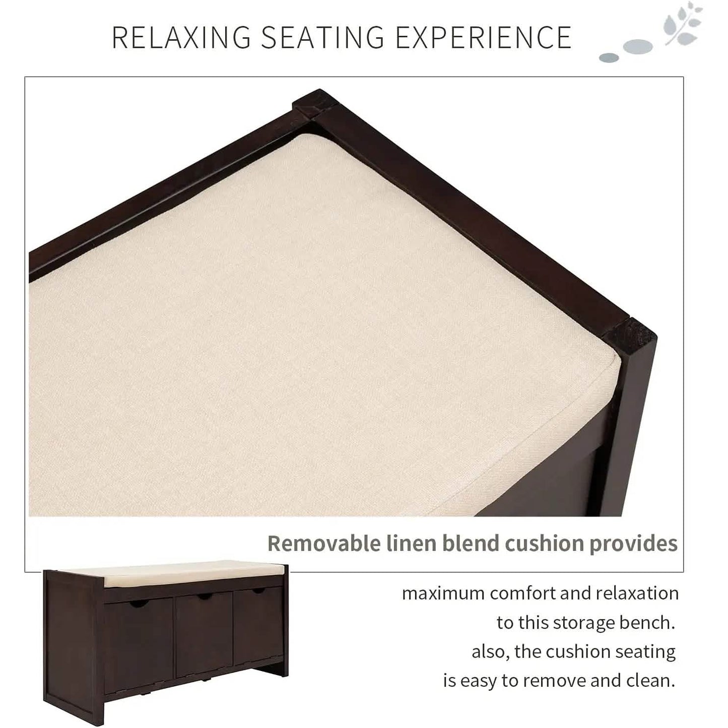 Storage Bench with Removable Cushion and 3 Flip Lock Storage Cubbies DailySale