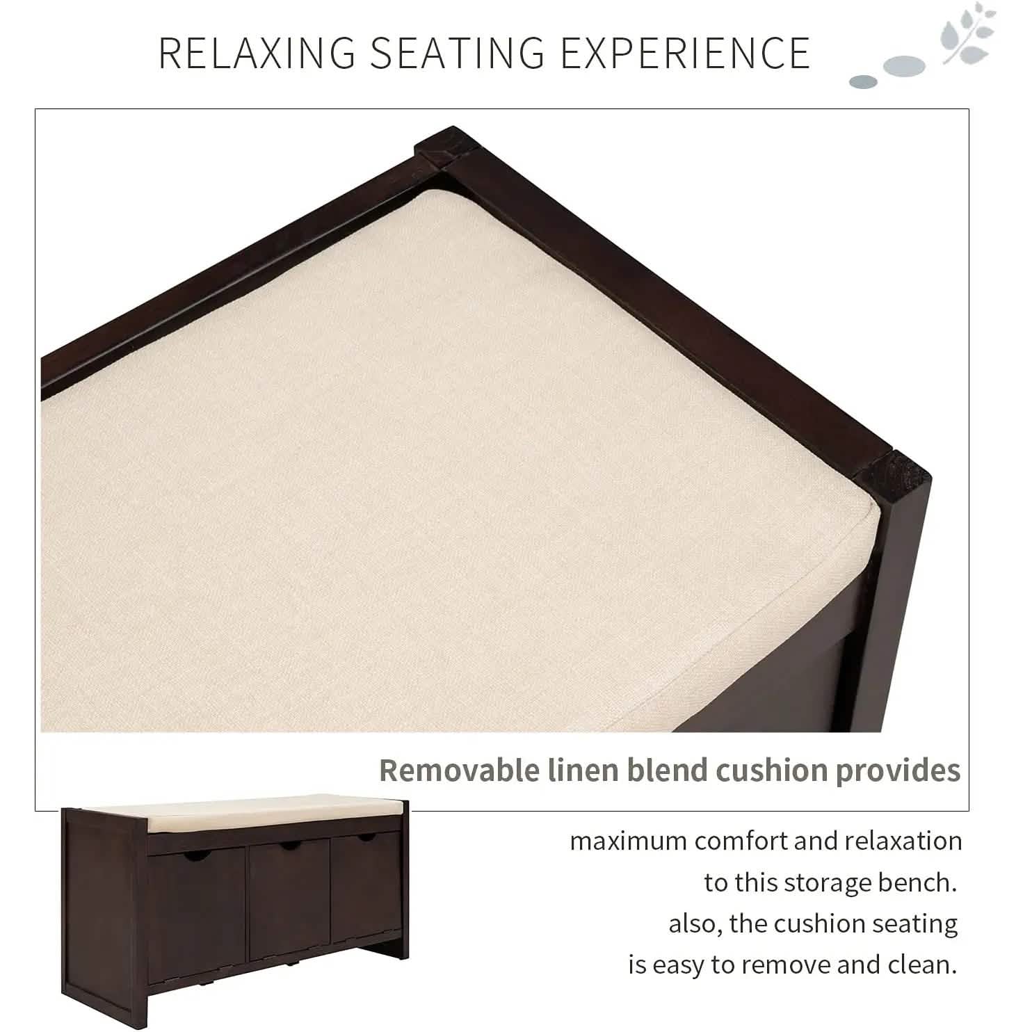 Storage Bench with Removable Cushion and 3 Flip Lock Storage Cubbies DailySale