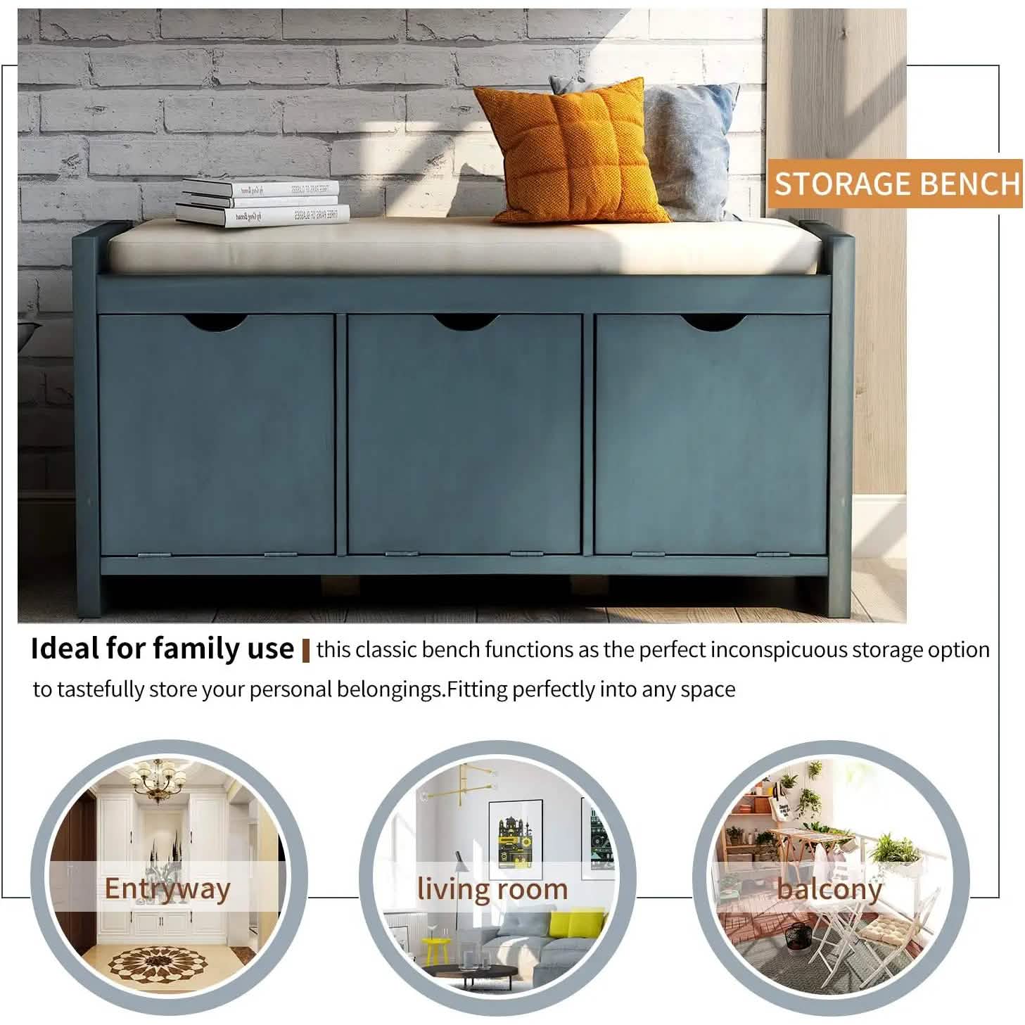 Storage Bench with Removable Cushion and 3 Flip Lock Storage Cubbies DailySale