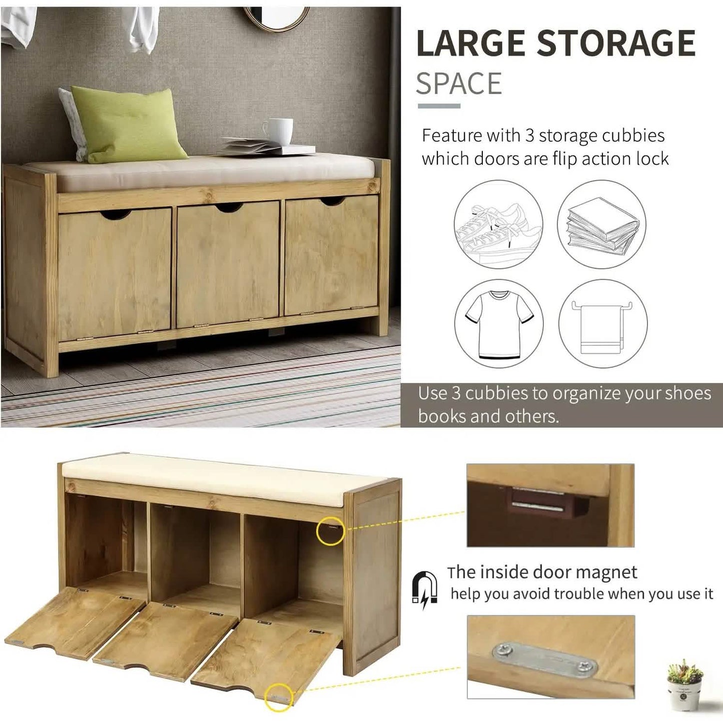Storage Bench with Removable Cushion and 3 Flip Lock Storage Cubbies DailySale