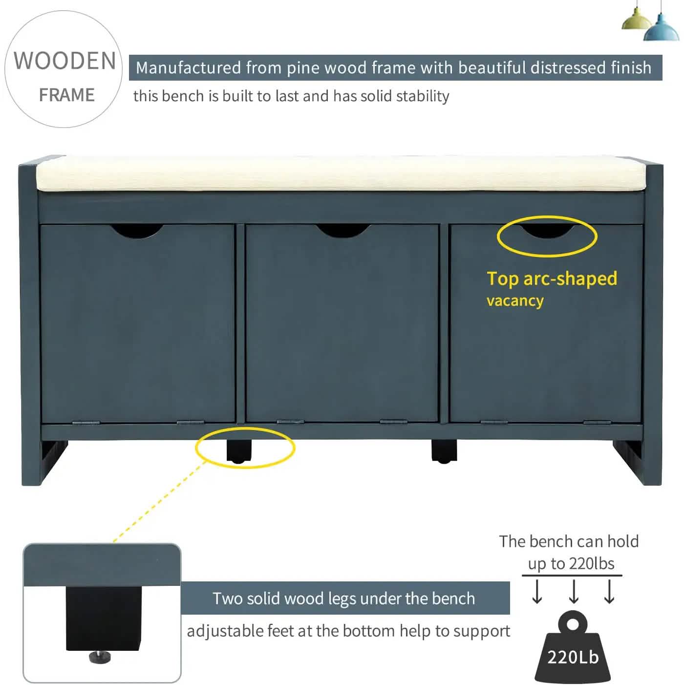 Storage Bench with Removable Cushion and 3 Flip Lock Storage Cubbies DailySale