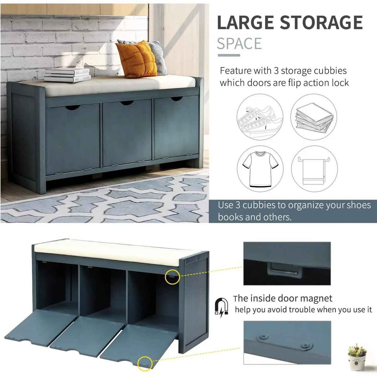 Storage Bench with Removable Cushion and 3 Flip Lock Storage Cubbies DailySale