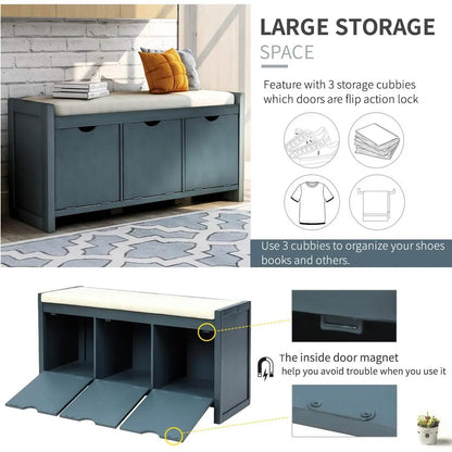 Storage Bench with Removable Cushion and 3 Flip Lock Storage Cubbies DailySale