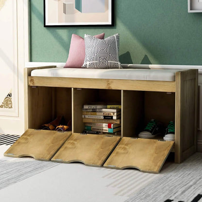 Storage Bench with Removable Cushion and 3 Flip Lock Storage Cubbies DailySale
