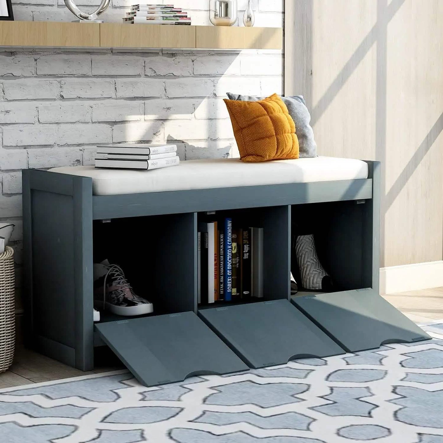 Storage Bench with Removable Cushion and 3 Flip Lock Storage Cubbies DailySale