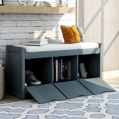 Storage Bench with Removable Cushion and 3 Flip Lock Storage Cubbies DailySale