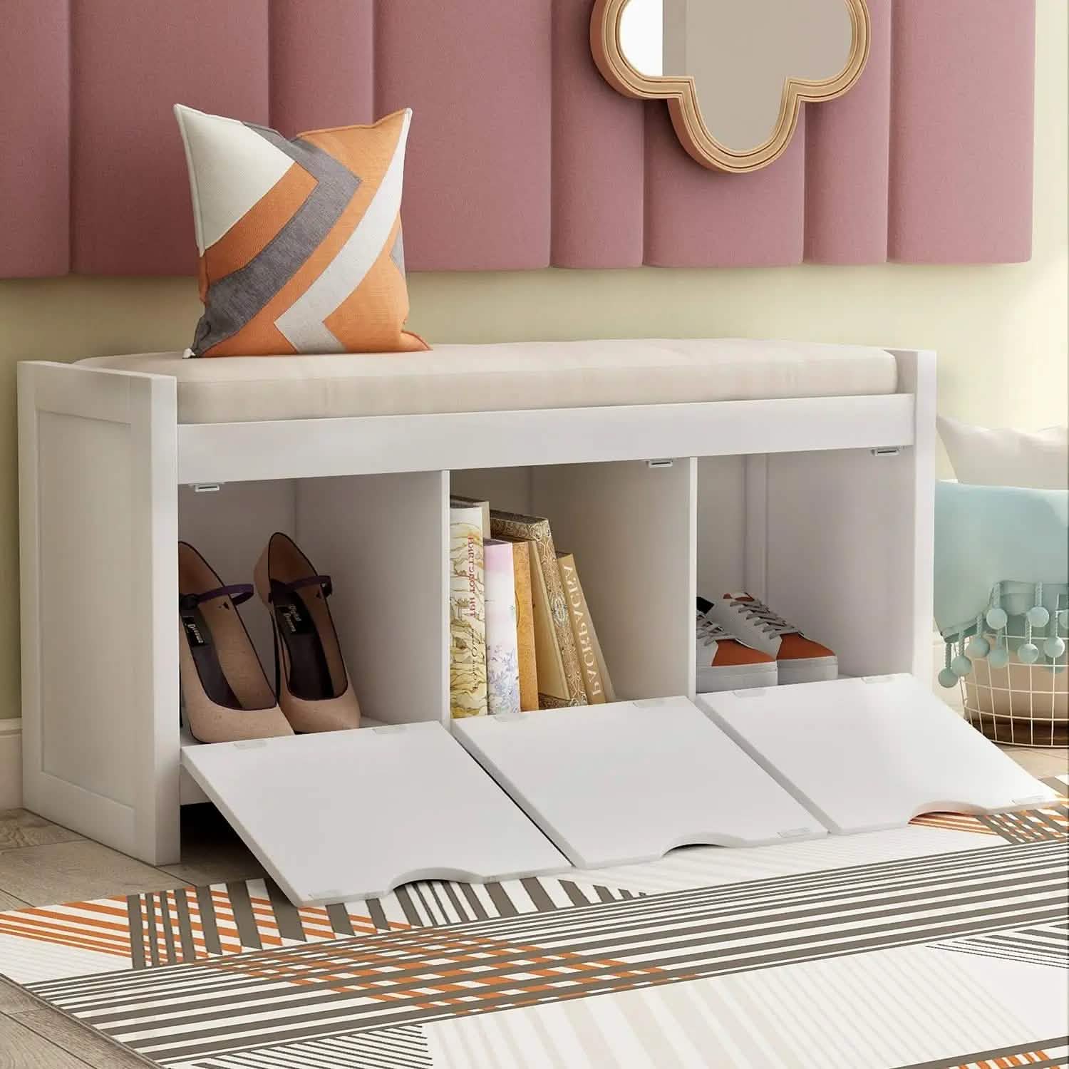Storage Bench with Removable Cushion and 3 Flip Lock Storage Cubbies DailySale