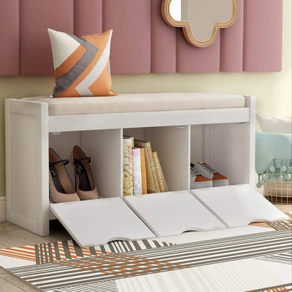 Storage Bench with Removable Cushion and 3 Flip Lock Storage Cubbies DailySale