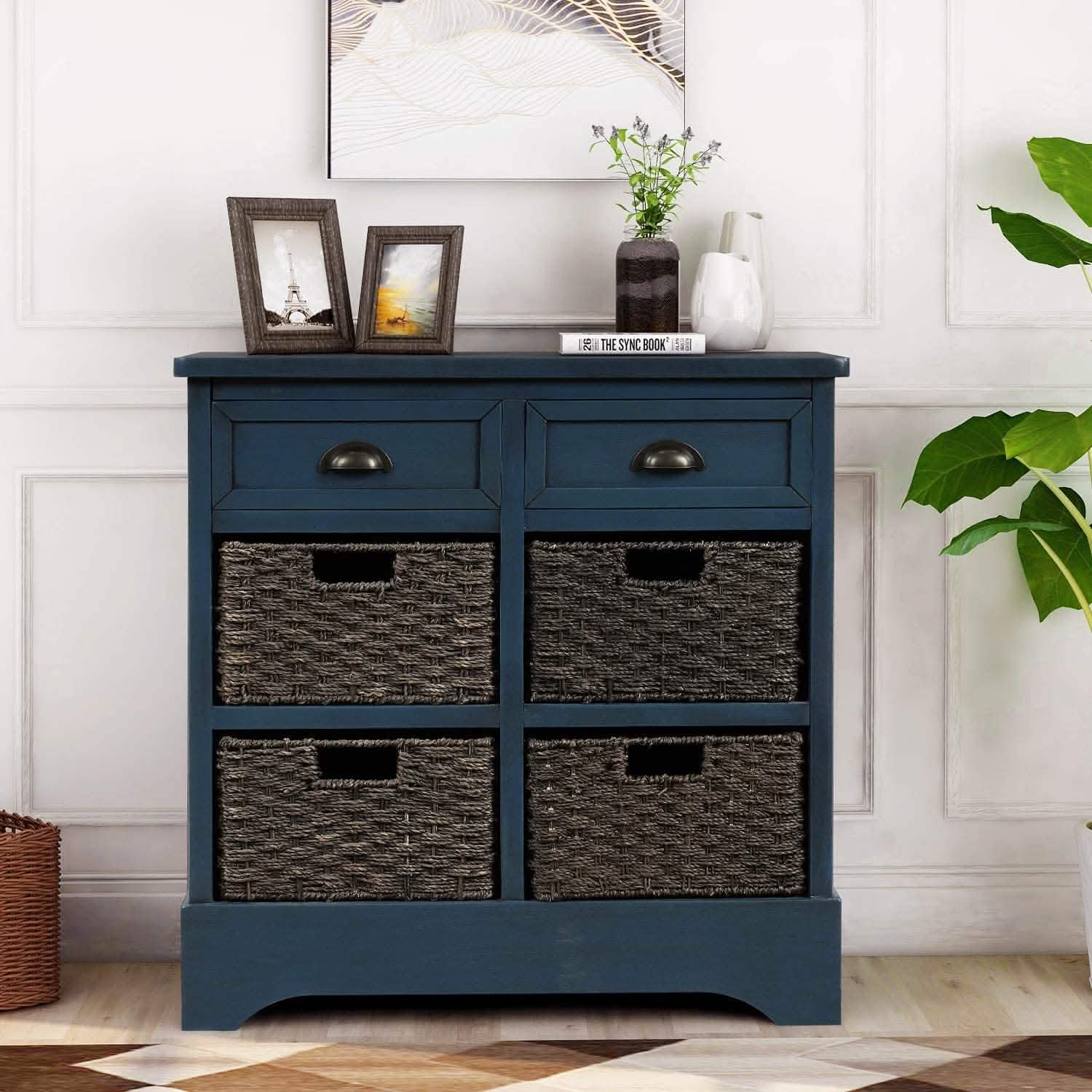 Storage Cabinet with 2 Drawers and 4 Rattan Baskets DailySale