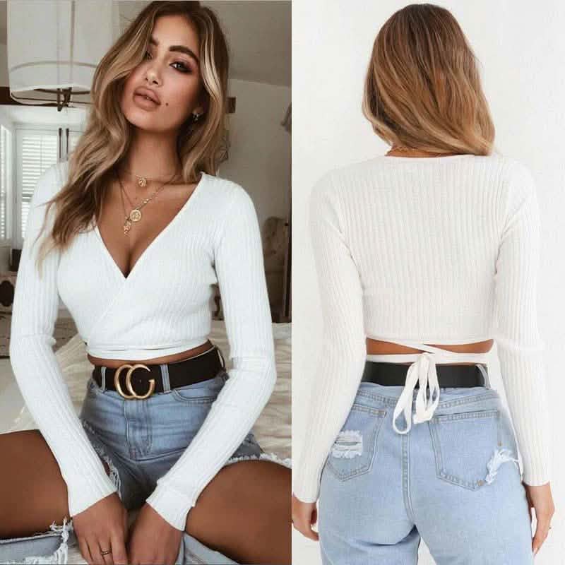 Summer Women Slim Long Sleeve Tee Cross V-neck Sexy Crop Top DailySale