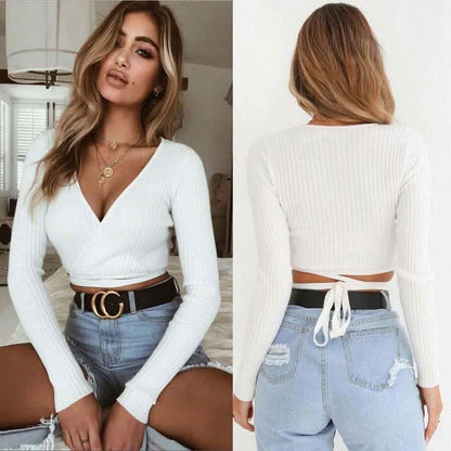 Summer Women Slim Long Sleeve Tee Cross V-neck Sexy Crop Top DailySale