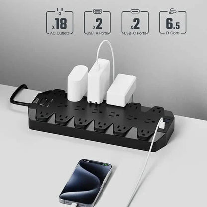 Superdanny 18 AC Outlets Surge Protector Power Strip with 2 USB C and 2 USB A Ports DailySale