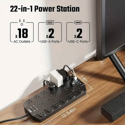 Superdanny 18 AC Outlets Surge Protector Power Strip with 2 USB C and 2 USB A Ports DailySale