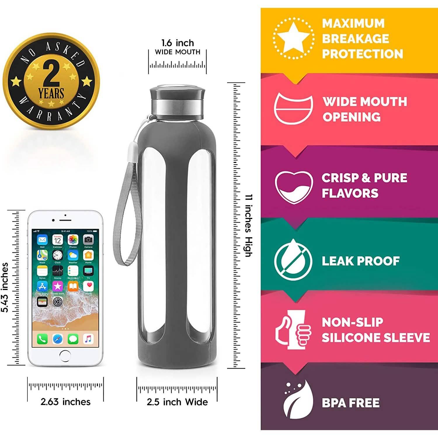 Swig Savvy Glass Water Bottles with Protective Silicone Sleeve & Stainless Steel Leak Proof Lid DailySale