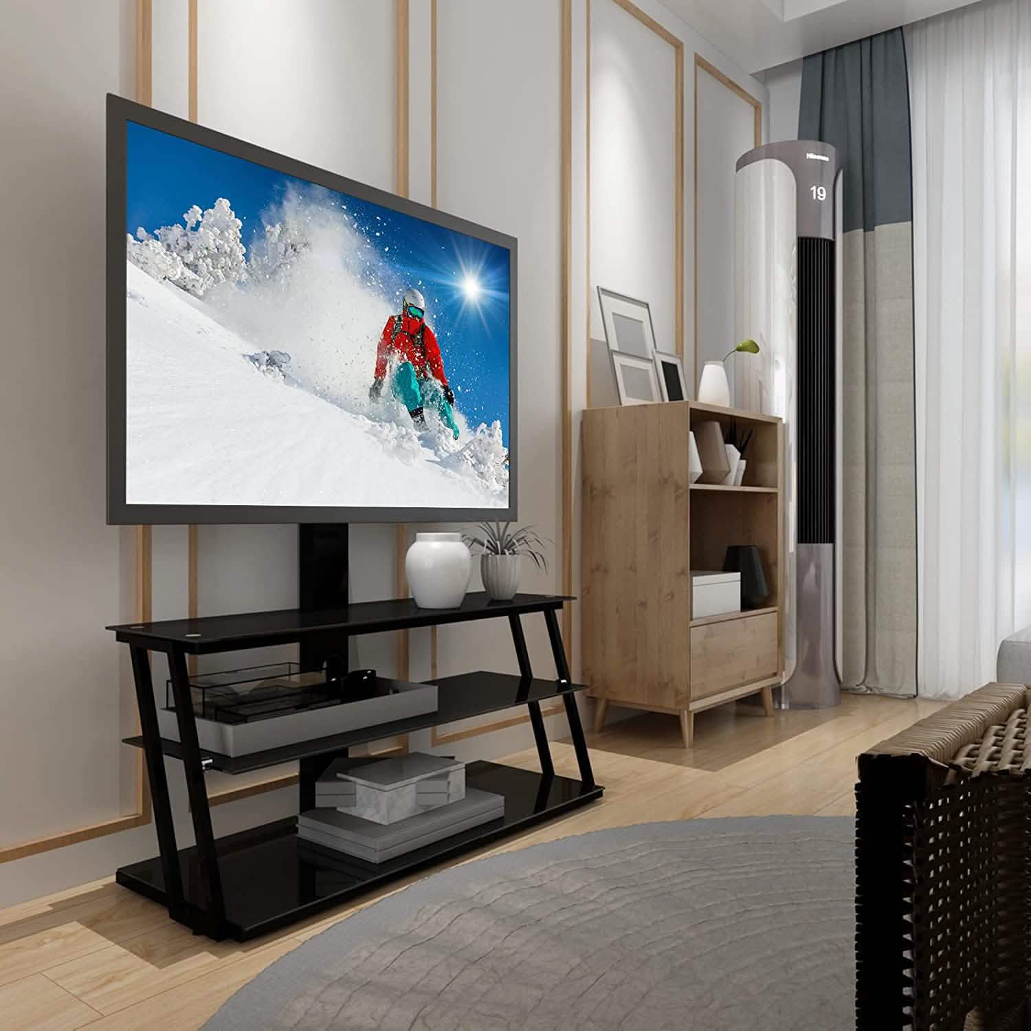 Swivel Floor TV Stand with Angle and Height Adjustable Tempered Glass TV Stand DailySale