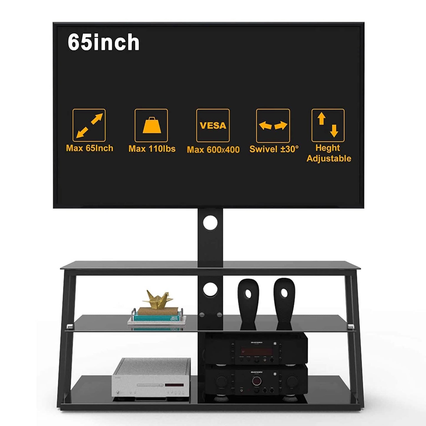 Swivel Floor TV Stand with Angle and Height Adjustable Tempered Glass TV Stand DailySale