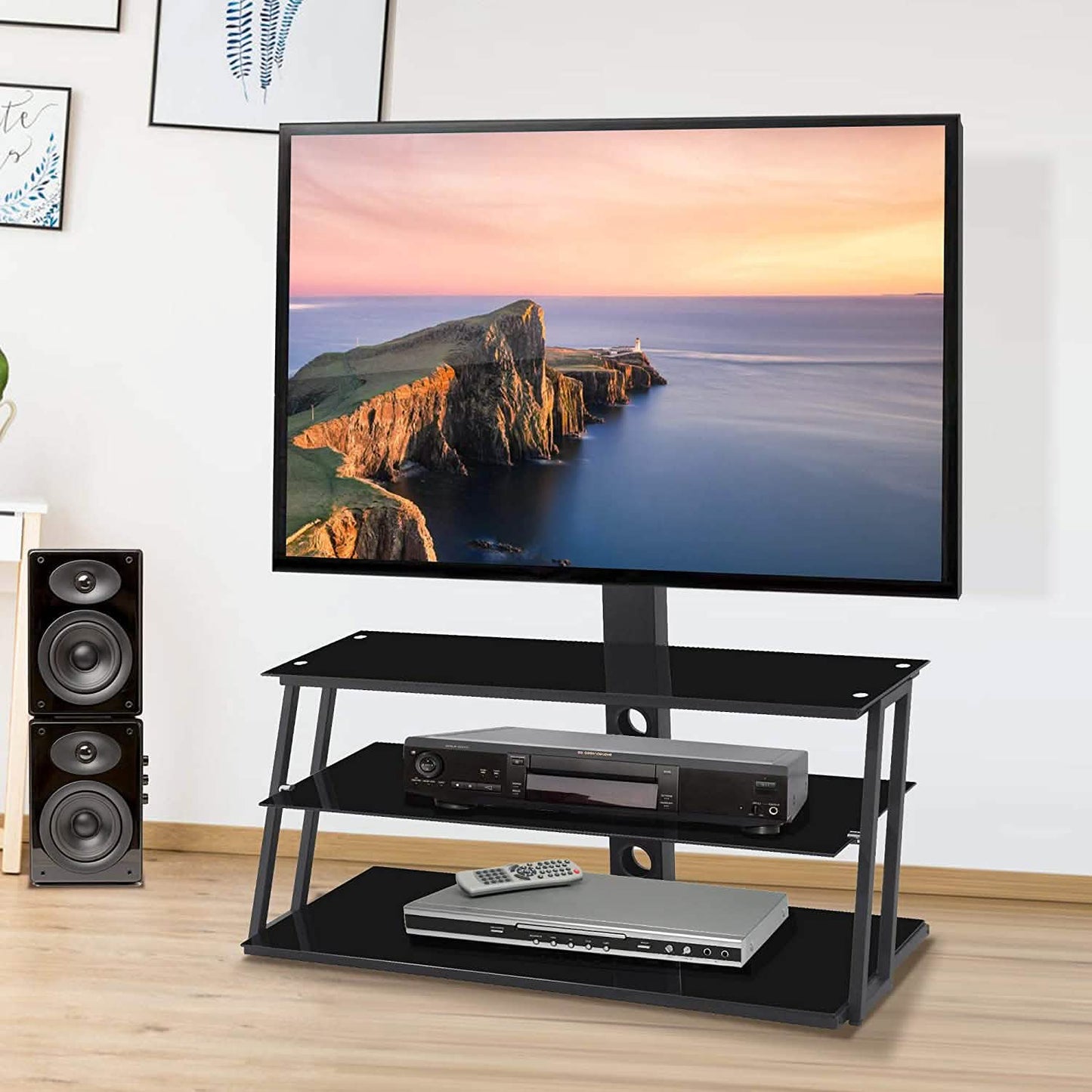 Swivel Floor TV Stand with Angle and Height Adjustable Tempered Glass TV Stand DailySale