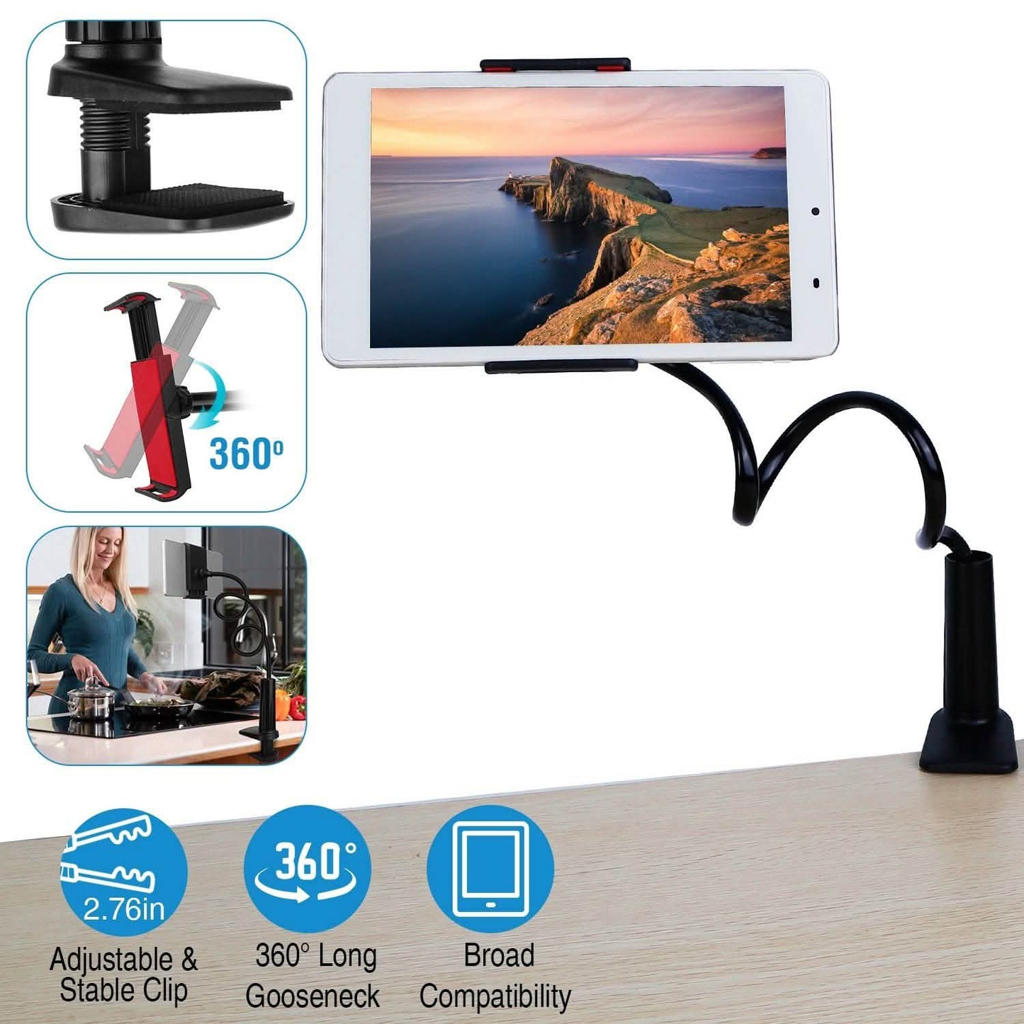 Tablet Gooseneck Stand Bracket with 360¬∞ Rotatable Clip DailySale