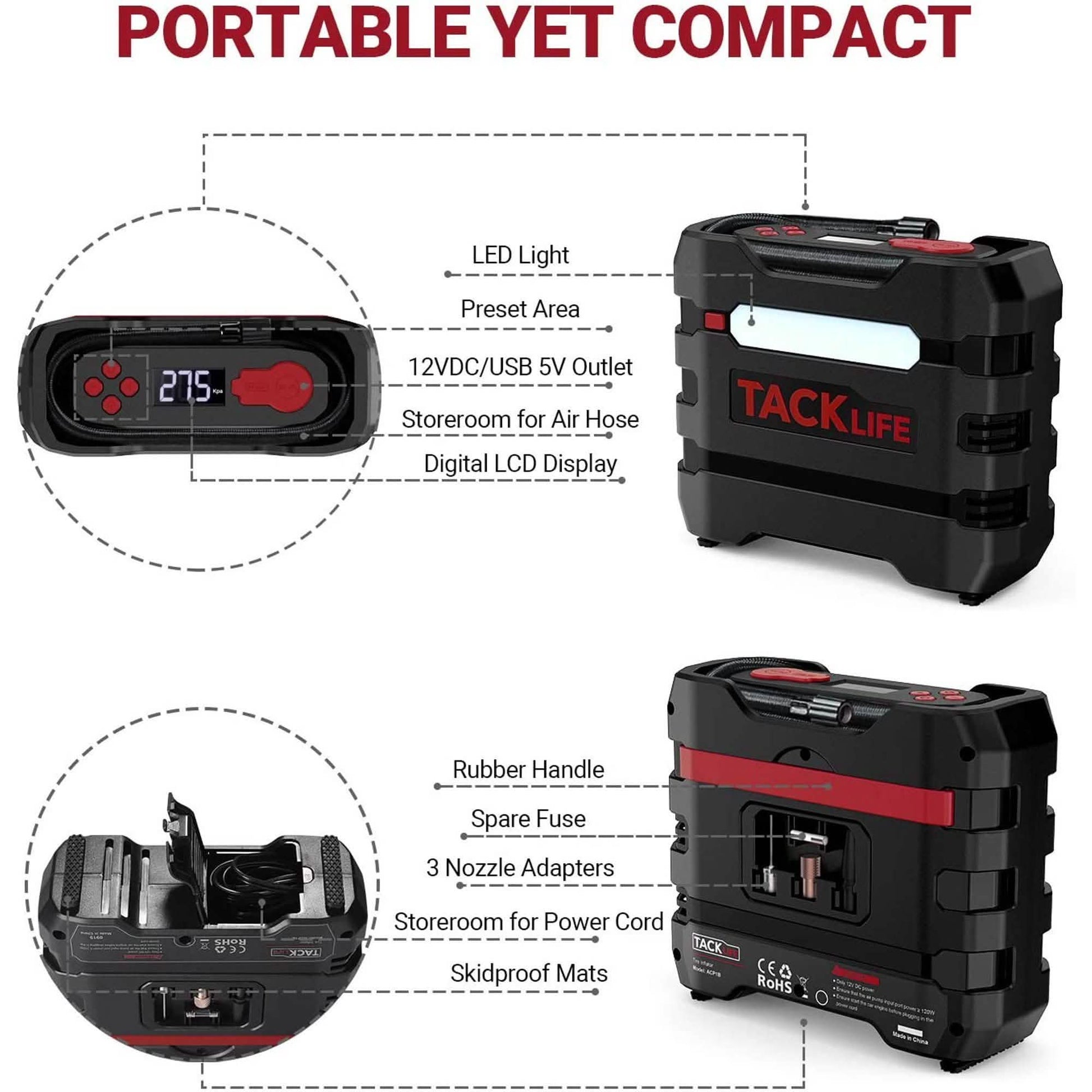 TACKLIFE Car Tire Inflator 12V DC Portable Air Compressor with 3 LED Lights DailySale