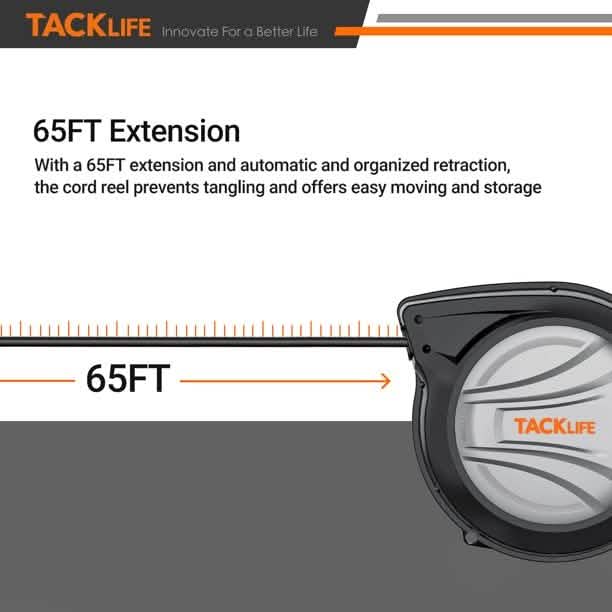 Tacklife Retractable Extension Cord, 65FT+4.5 Extension Cord Reel DailySale
