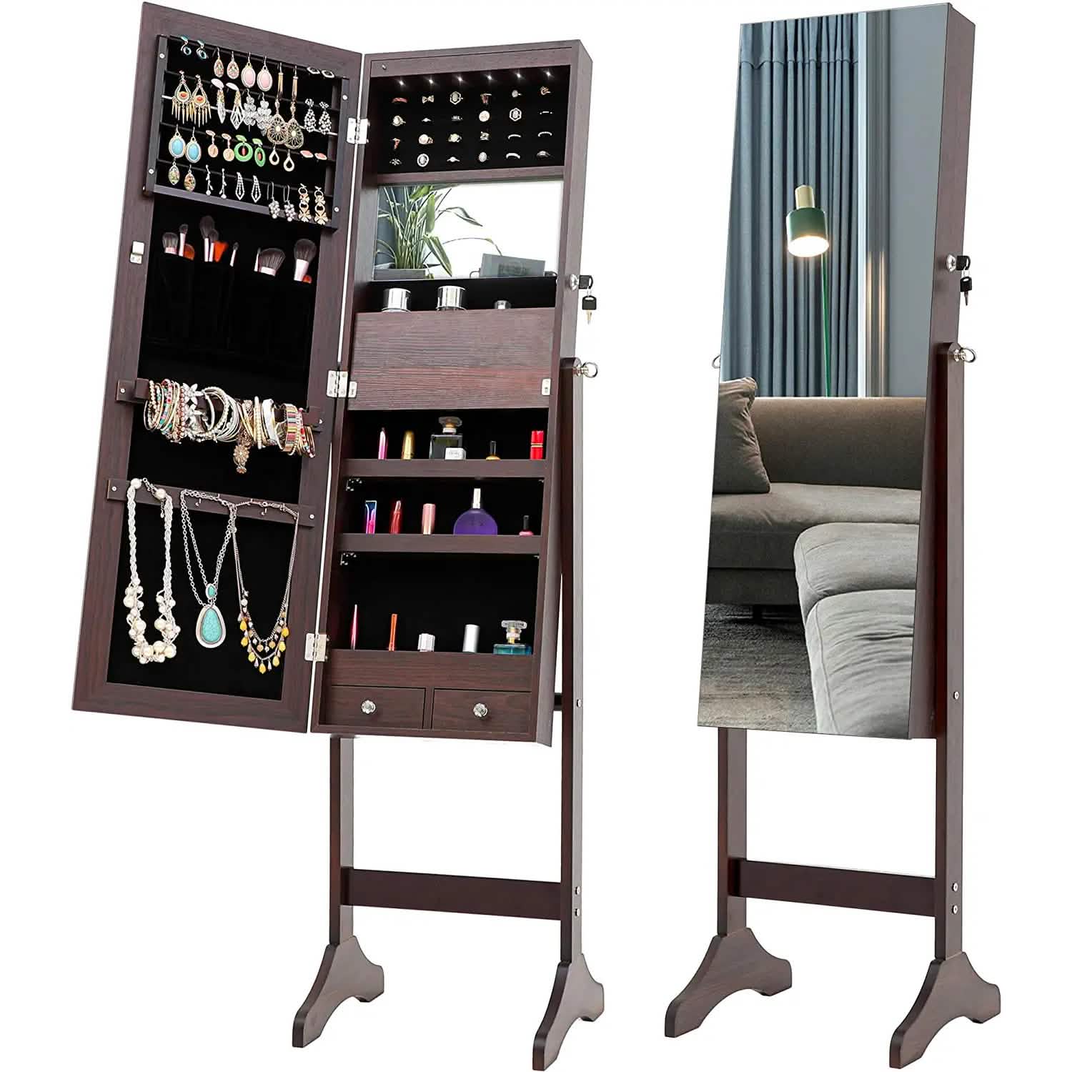 Tesmula Fashion Simple Jewelry Storage Mirror Cabinet With LED Lights DailySale