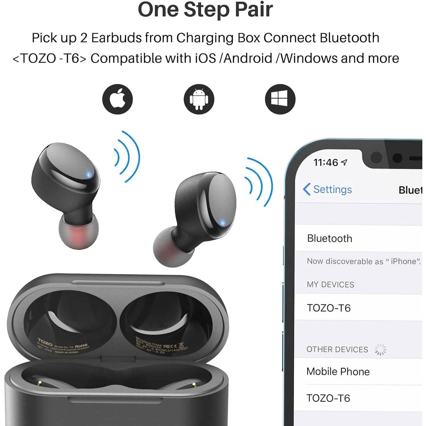 TOZO T6 True Wireless Earbuds Bluetooth 5.3 Headphones Touch Control with Wireless Charging Case (Refurbished) DailySale