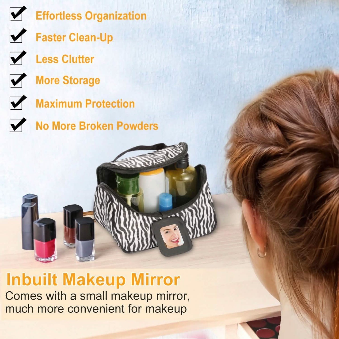 Travel Makeup Bag Portable Cosmetic Organizer with Cosmetic Mirror DailySale