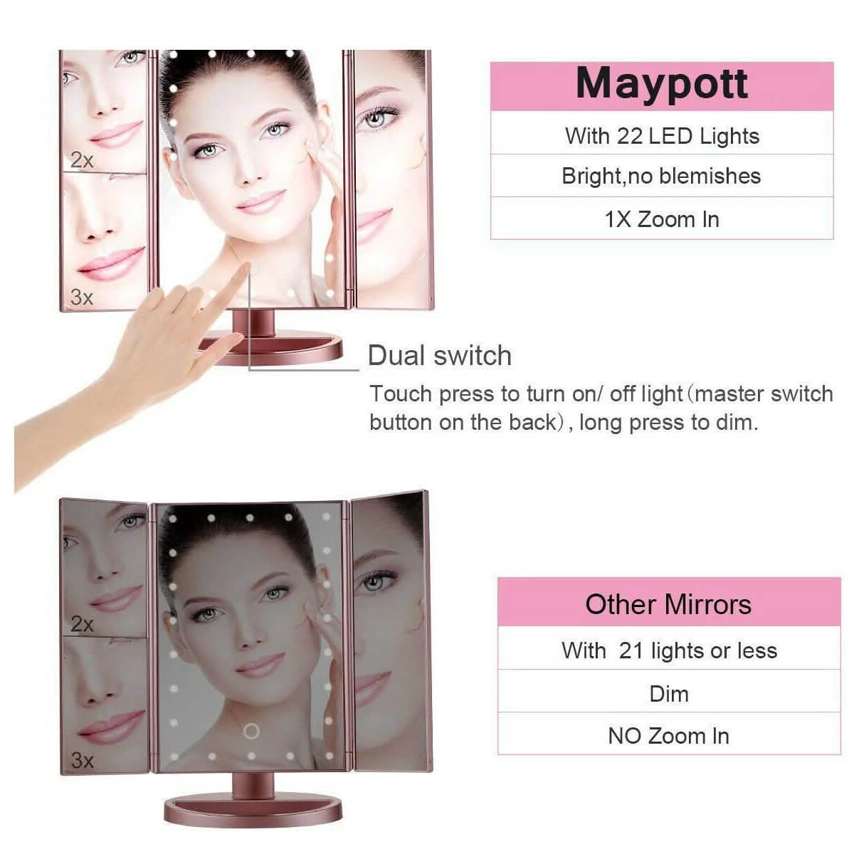 Tri-fold Vanity Makeup LED USB Touch Screen 10X Magnifing Mirror DailySale