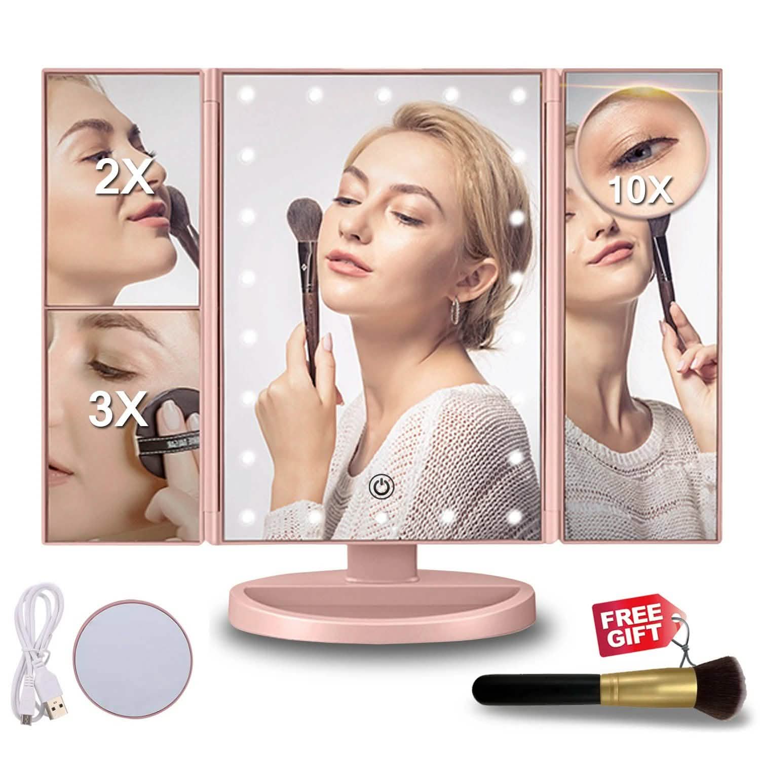 Tri-fold Vanity Makeup LED USB Touch Screen 10X Magnifing Mirror DailySale