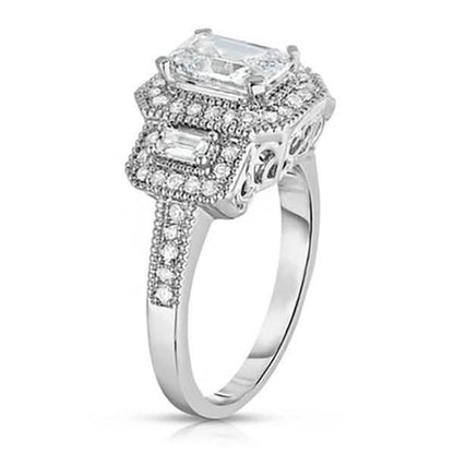 Tri Stone Emerald Cut Cubic Zirconia Ring in 18k White Gold - Size: 9 DailySale