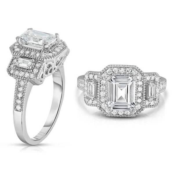 Tri Stone Emerald Cut Cubic Zirconia Ring in 18k White Gold - Size: 9 DailySale