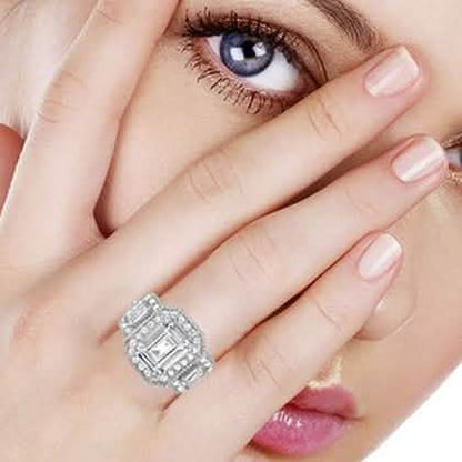 Tri Stone Emerald Cut Cubic Zirconia Ring in 18k White Gold - Size: 9 DailySale