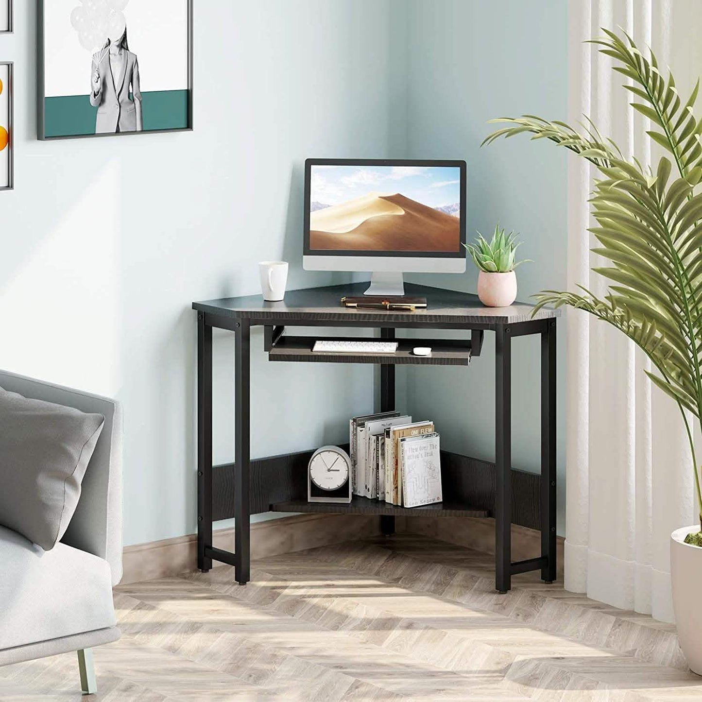 Triangle Computer Desk, Smooth Keyboard Tray& Storage Shelves DailySale
