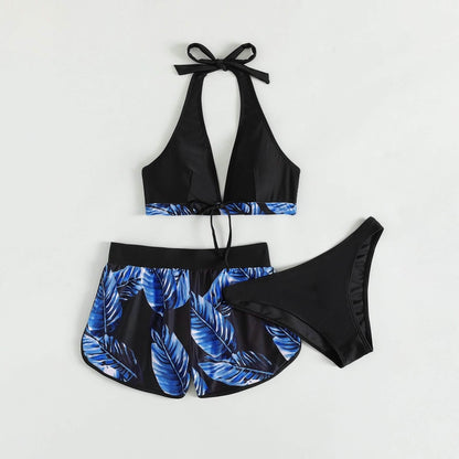 Tropical Print Halter Bikini Swimsuit with Swim Short DailySale