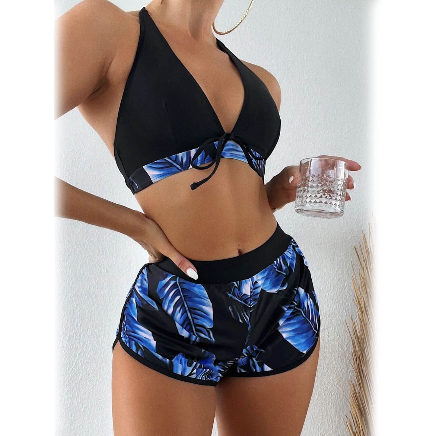Tropical Print Halter Bikini Swimsuit with Swim Short DailySale
