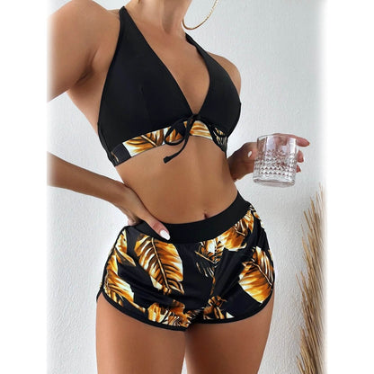 Tropical Print Halter Bikini Swimsuit with Swim Short DailySale