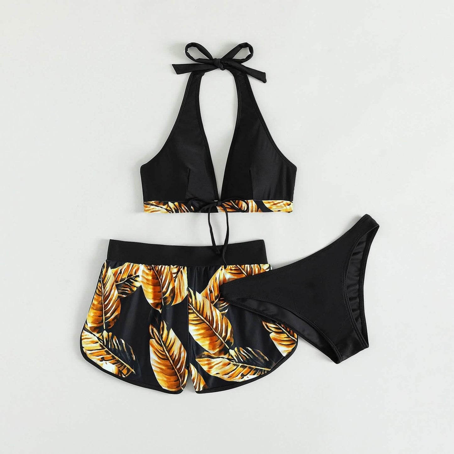 Tropical Print Halter Bikini Swimsuit with Swim Short DailySale