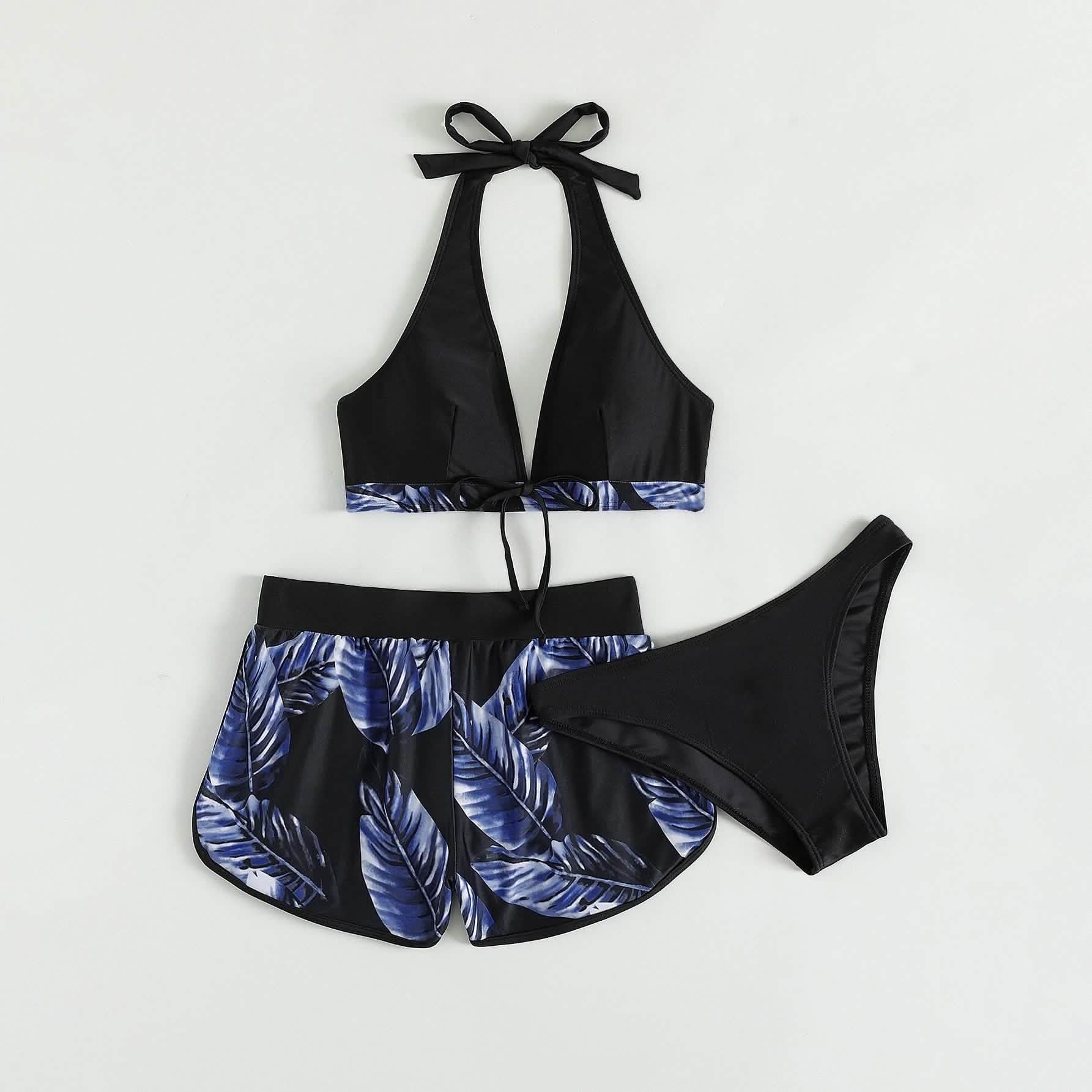 Tropical Print Halter Bikini Swimsuit with Swim Short DailySale