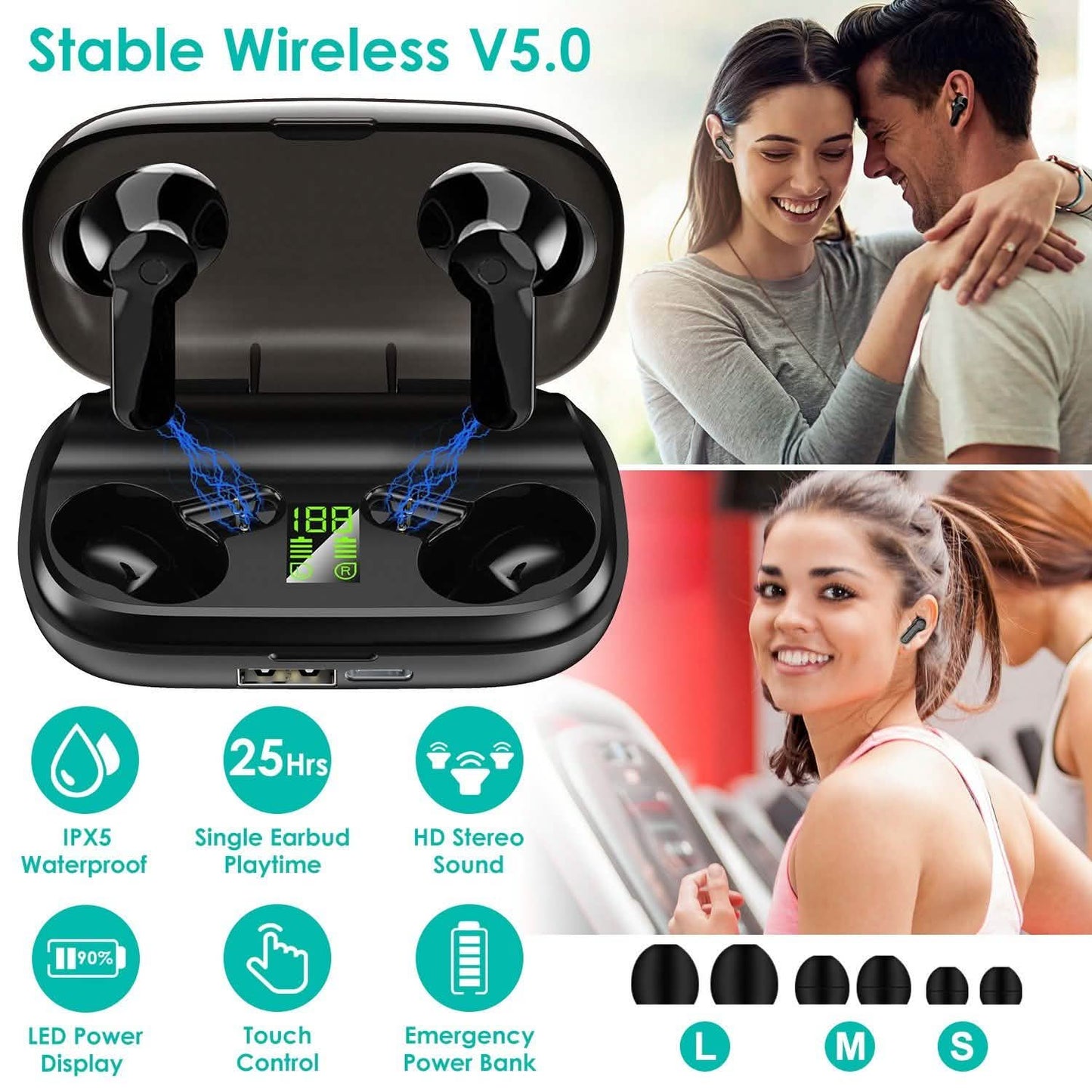 True Wireless V5.0 Earbuds IPX 5 Water Resistant DailySale