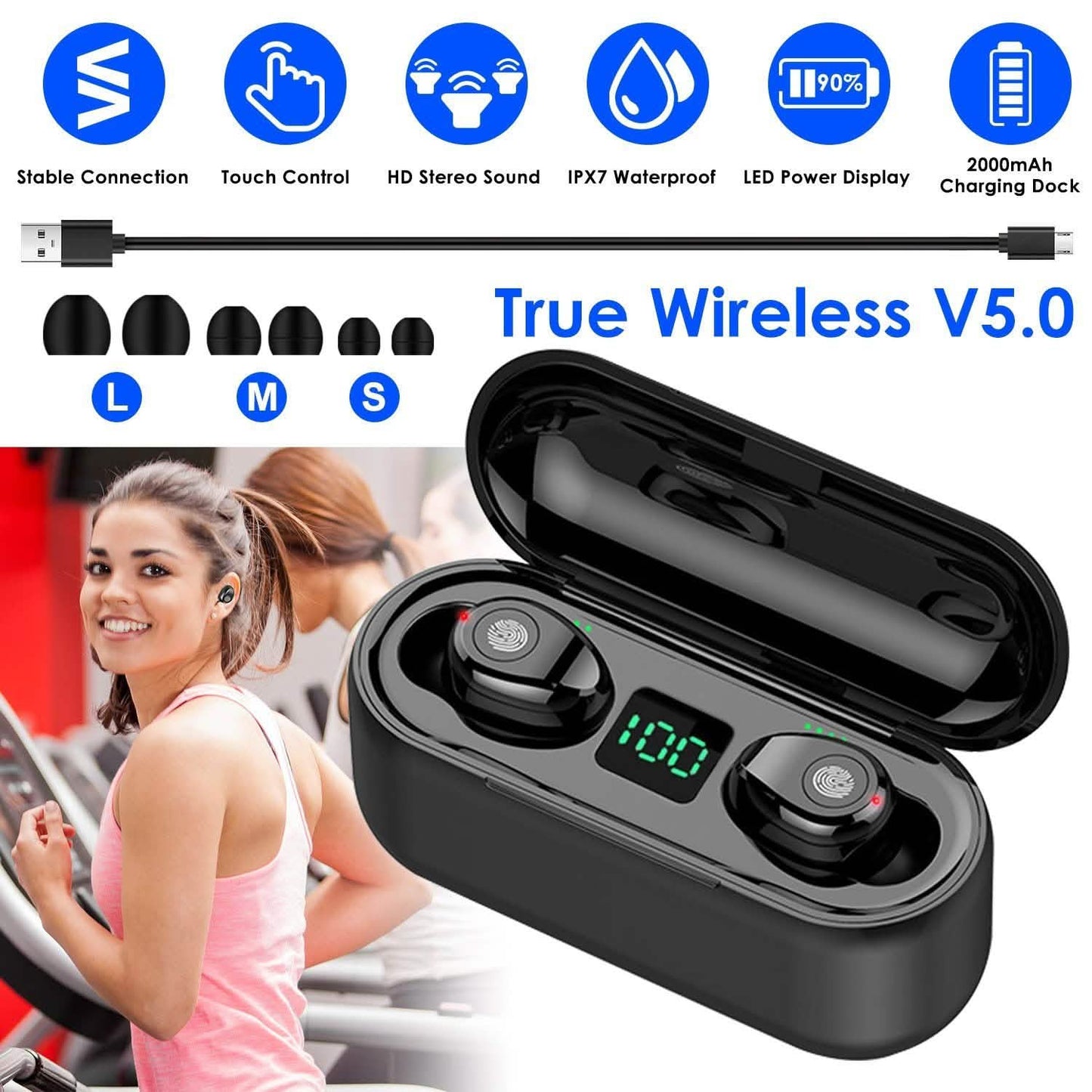 True Wireless V5.0 Earbuds with LED Display Magnetic Charging Dock DailySale