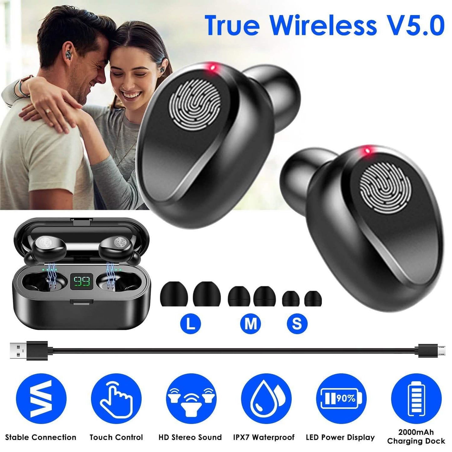 True Wireless V5.0 Earbuds with LED Display Magnetic Charging Dock DailySale