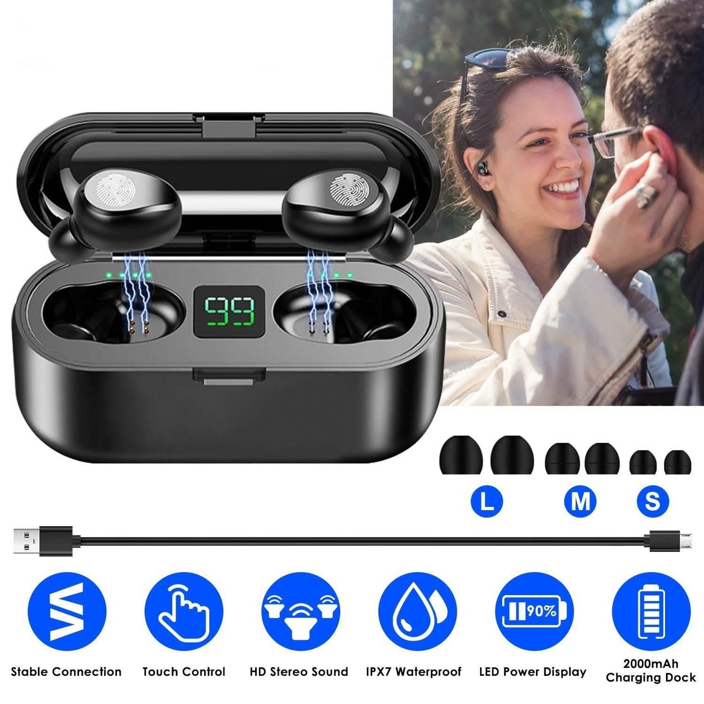 True Wireless V5.0 Earbuds with LED Display Magnetic Charging Dock DailySale